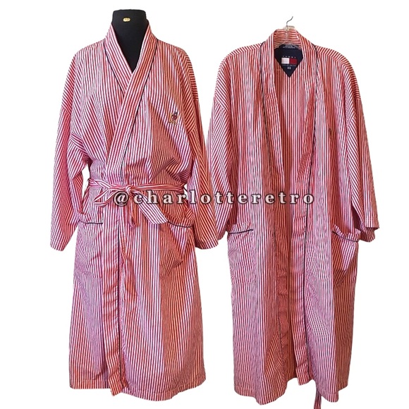 vtg Hilfiger Candy Stripe Robe w Pockets - Picture 4 of 7